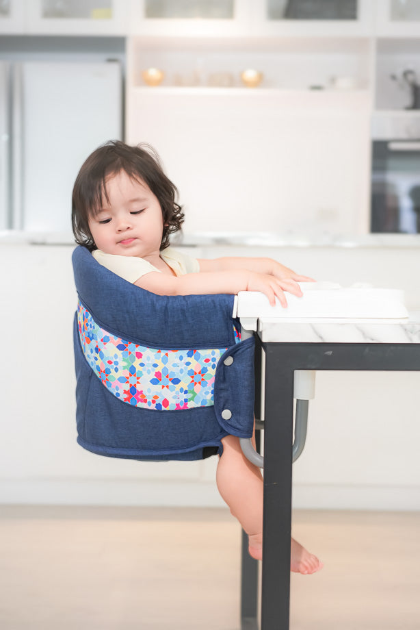 zeepops Hook-on Table High Chair with Tray for Babies and Toddlers, Clip On Table Chair Portable, Fold-flat Compact for Home, Dining out and Travel (denim blue)